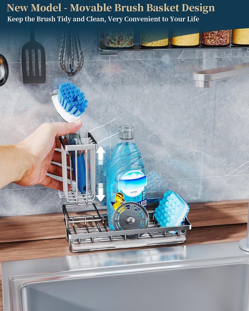 Consumest Sink Caddy, Kitchen Sponge Holder with Dish Brush Holder, Kitchen Organizer with Drip Tray for Countertop, Stainless Steel Rustproof - Silver - Image 2